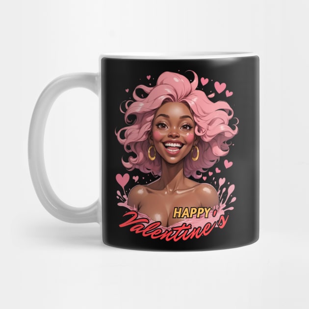 Happy Valentine's Day Black Girl Pink Hair comic pop art anime by Neon City Bazaar